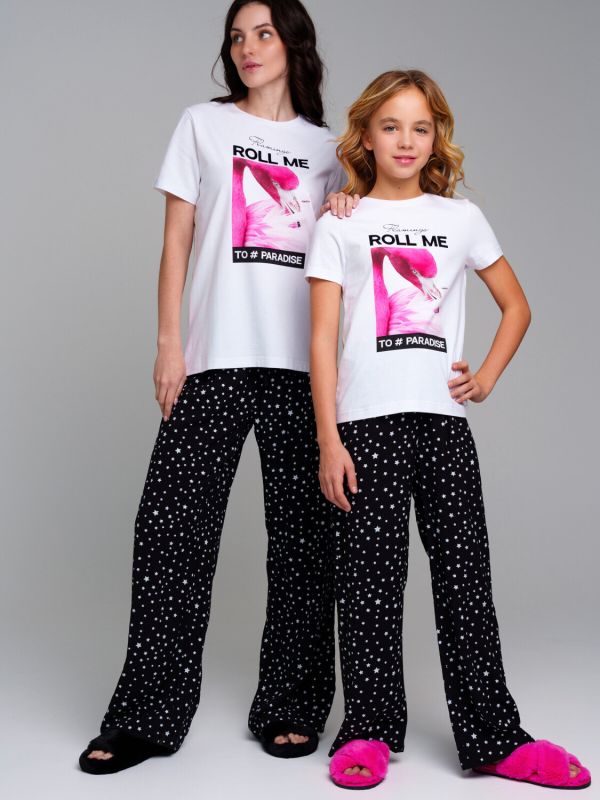 Set for women: knitted sweatshirt (T-shirt), textile trousers